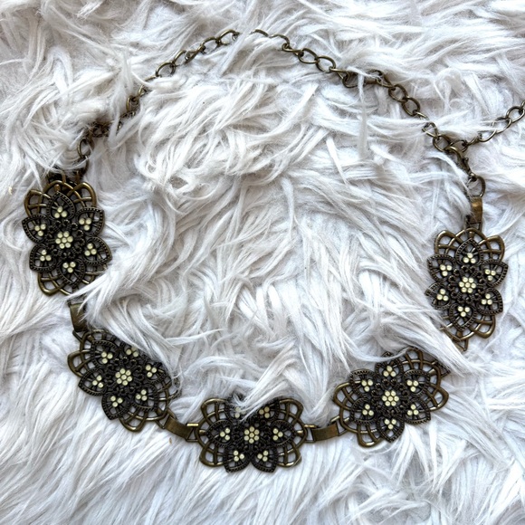 Vintage 80s Boho Cabochon Chain Waist Hip Belt Antique Gold Adjustable OS main image 9